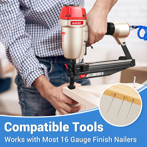 Person using pneumatic finish nailer with Five Sizes 16 Gauge Galvanized Finish Nails 2500 Pcs Assorted Set for woodworking