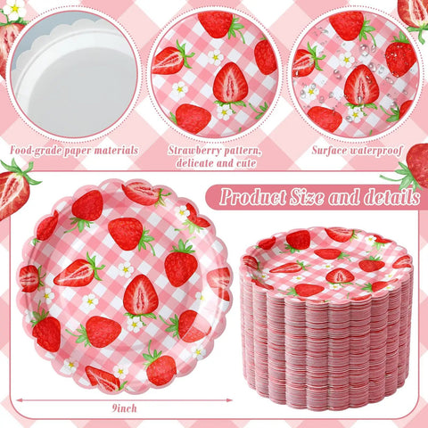 100 Pack Strawberry Grid Paper Plates 9 Inch Disposable Summer Fruit Dessert Tableware For Birthday Baby Shower Wedding Top Tier Party Setup Slay Your Spread Fresh Berry Vibes with strawberry design.