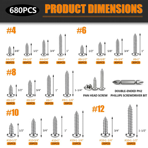 Heavy Duty 304 Stainless Steel Screw Assortment Kit Featuring Phillips Pan Head Fasteners For Wood And Sheet Metal Jobs In Badass Marine Grade Quality Packed With 680 Pieces showing dimensions and counts for each screw size.