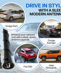 8 Inch Short Rubber Replacement Antenna Fits Dodge Avenger Dart Durango Journey Nitro Fiat 500 Jeep Compass Cherokee Grand Cherokee Liberty Renegade Chrysler 200 Durable Signal Reception And Slick Look, shown with car models Dodge Dart, Avenger, Fiat 500, and Jeep Renegade.