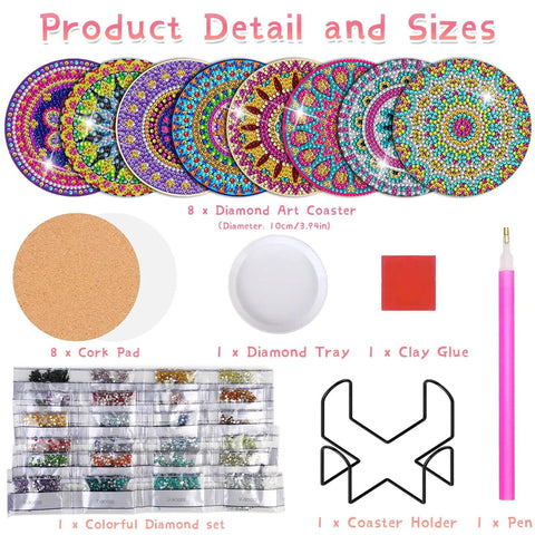 Diamond Painting Coasters Kit With Holder And Accessories, 8 Mandala Coasters For Beginners And Kids, DIY Art Craft Project