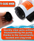 12V Macerator Pump For Boats, RVs, And Yachts - 12 GPM Open Flow, Self Priming, Anti-Clog, Run-Dry; close-up of anti-clog knob