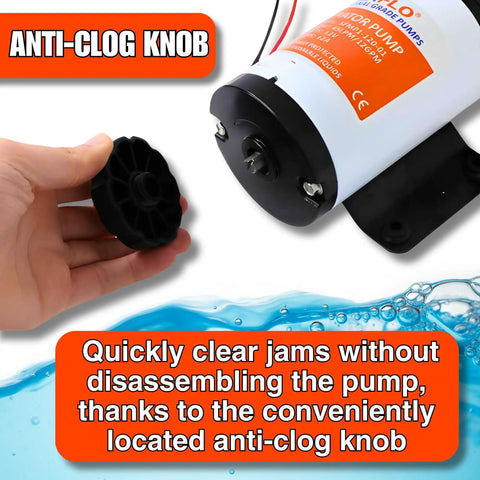 12V Macerator Pump For Boats, RVs, And Yachts - 12 GPM Open Flow, Self Priming, Anti-Clog, Run-Dry; close-up of anti-clog knob