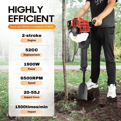 Person using 52cc 2 Stroke Garden Trench Digger Portable Post Hole Digger 1900W Powerhead 6500 RPM Easy Start Handheld Trencher