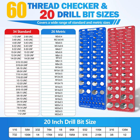 Upgrade Thread Checker Kit With 80 Nut And Bolt Sizes Including 60 Standard Thread 26 Metric And 20 Drill Bit Gauges