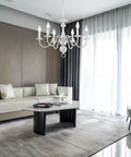 French Country Chandelier 6 Light Modern Farmhouse Vibe For Dining Room And Kitchen, Rustic White Metal Candle Style Pendant Light For Bedroom in elegant living room setting