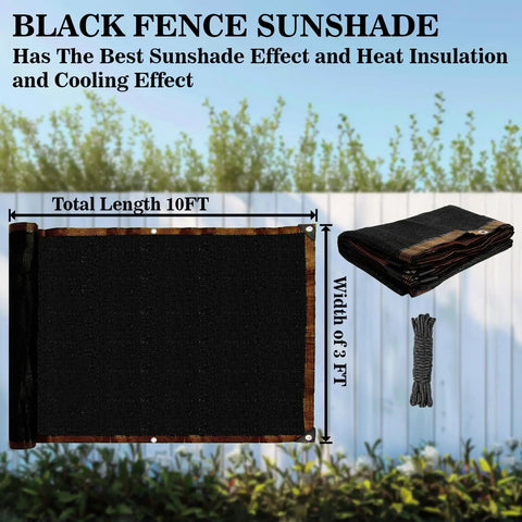 3x10 Black Fence Privacy Screen For Outdoor Shade And Balcony Decor, Heavy Duty HDPE Mesh Fence Cover For Apartments, Deck, Backyard, Or Pool Area, Delivers 95 Percent Shade And Real Privacy displayed with dimensions.