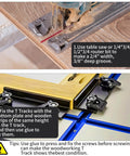 Blue 48 Inch Aluminum T Track Set For Woodworking Six Pack With Predrilled Mounting Holes And Seventy Two Screws Universal Three Quarter Inch Width By Three Eighths Inch Depth Easy Install For Drill Press Tables And Router Tables Ready To Roll illustrated installation process on a workbench with wood and saw.