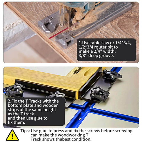 Blue 48 Inch Aluminum T Track Set For Woodworking Six Pack With Predrilled Mounting Holes And Seventy Two Screws Universal Three Quarter Inch Width By Three Eighths Inch Depth Easy Install For Drill Press Tables And Router Tables Ready To Roll illustrated installation process on a workbench with wood and saw.