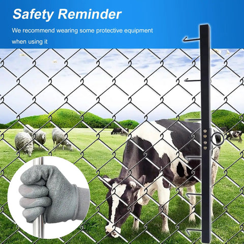 Pro Grade Chain Link Fence Stretcher Tool 31.5 Inch Upgrade With Six Thickened Hooks, shown beside installed fence with animals
