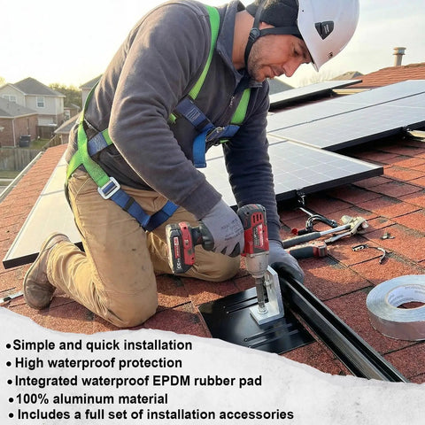 Installer using 16 Pack Aluminum L Bracket Solar Racking Kit With Flashing For Roof Mounting On Asphalt Shingle And Composite Roofs
