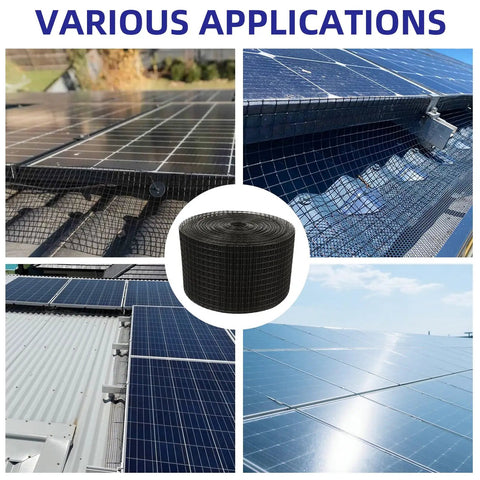 Various applications of Zero Drama Setup 1/2 Inch Solar Panel Critter Guard Mesh 100 Feet on solar panels.