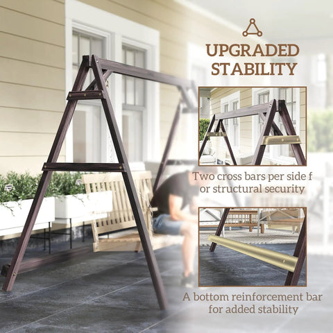 Heavy Duty A Frame Wooden Swing Stand with reinforced bars on porch for outdoor use, supports up to 770 lbs with carbonized finish.