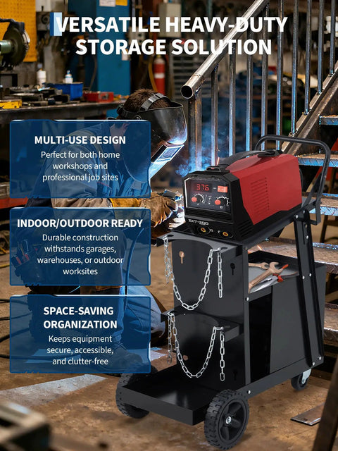 Heavy Duty Welding Cart On Wheels With Four Drawers For MIG Welder TIG Welder And Plasma Cutter, black cart in use
