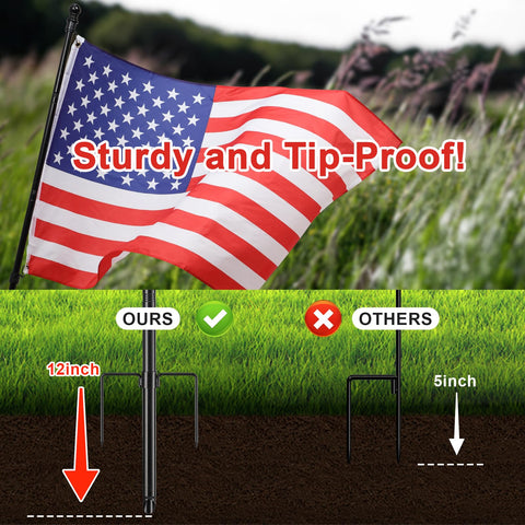 Beefy Heavy Duty Ground Flag Pole Kit 8.5 Feet Tangle Free Inground Flagpole With Windproof Prong displaying American flag.
