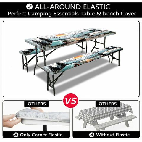 Three Piece Picnic Table Cover Set With Bench Covers And Bag Waterproof Windproof Fitted Tablecloth With Elastic Edge