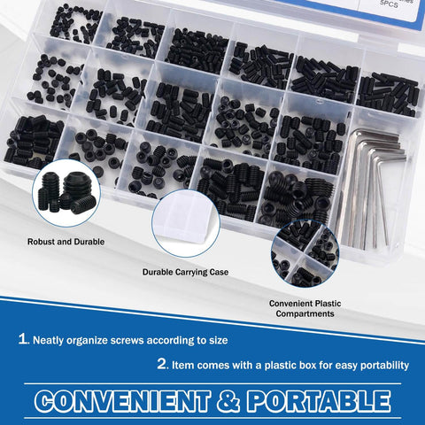 Massive 500 Piece Metric Set Screw Kit With 13 Sizes M3 M4 M5 M6 M8 Allen Head Hex Socket Grub Screws In Black Alloy Steel For Bathroom Fixtures Includes 5 Wrenches And 1 Tweezer Rust Resistant Precision Threads in organized plastic compartments