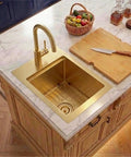 Gold Bar Sink 17 By 17 Inches, Drop In And Top Mount Bar And Prep Sink, 16 Gauge Stainless Steel in a marble countertop kitchen setup