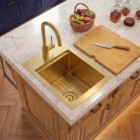 Gold Bar Sink 17 By 17 Inches, Drop In And Top Mount Bar And Prep Sink, 16 Gauge Stainless Steel in a marble countertop kitchen setup