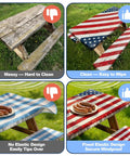 Vintage American Flag Picnic Table Cover Set With Bench Covers, Waterproof 72 By 30 Inch Outdoor Tablecloth With Elastic Edges