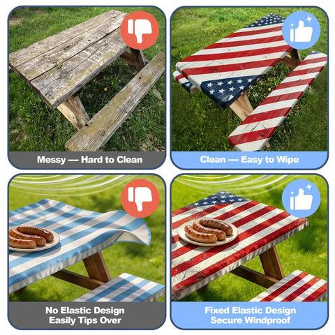 Vintage American Flag Picnic Table Cover Set With Bench Covers, Waterproof 72 By 30 Inch Outdoor Tablecloth With Elastic Edges