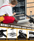 Heavy Duty Workhorse Solid Steel Drywall Lift And Furniture Jack With Extended Lever Arm Handle For Wall Tile Locator And Door Panel Height Adjustment Up to 330 Pound Capacity in use with a dishwasher.