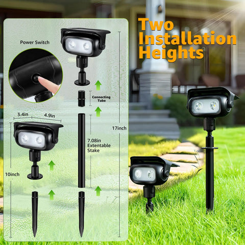 Lit Robot Style Solar Garden Lights 4 Pack IP65 Waterproof Outdoor LED Spotlight with height options shown on lawn