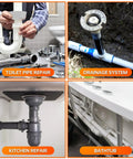 Inside PVC Pipe Cutter Kit With Adjustable Depth Gauge shown in use for toilet repair, drainage, kitchen repair, and bathtub installation.