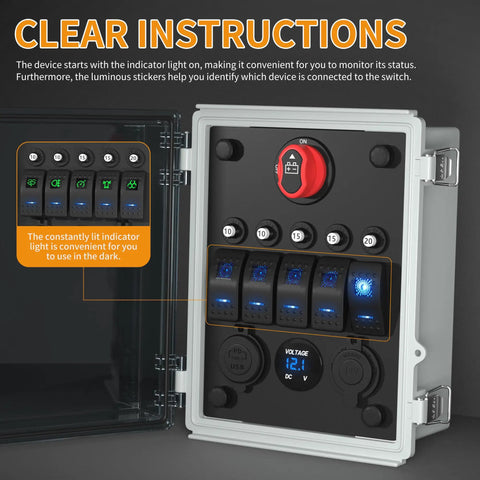 12V 5 Gang Rocker Switch Panel With LED Illumination All Weather Waterproof Box Heavy Duty Breaker USB And USB C PD Charger Voltmeter