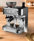 Premium Semi Automatic Espresso Machine With Built In Conical Burr Grinder 15 Bar Pump Pid Temp Control And Steam Wand pouring espresso into two cups