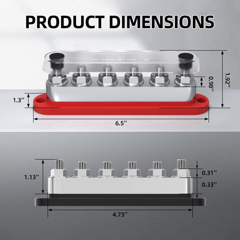Heavy Duty Power Distribution Bus Bar Pair With Six M10 Studs And Twelve Lugs For Serious Juice Handling In Off Grid Solar Arrays And Ev Conversions Using 12 24 Or 48 Volt Compatibility Plus Rock Solid Copper Build For No Sweat Thermal Control diagram showing product dimensions of a 6.5" copper bus bar with M10 studs.