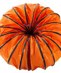 Top view of 25 Ft PVC Flexible Ducting Hose with S Hooks and Steel Support for 8 Inch Utility Blower, coiled and orange.