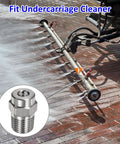 4 Pack Surface Clean Tips For Your Pressure Washer Go To Gear 25 Degree One Quarter Inch NPT Male Nozzle Set Stainless Steel Construction With Sealing Tape Replacement Nozzles For Water Guns And Surface Cleaners spraying water on a driveway.