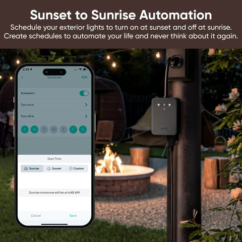 Outdoor Smart Plug With Dual Outlets And Energy Monitoring, Weatherproof IP64, 2.4GHz WiFi, No Hub Needed, Works With Alexa, Google Assistant, And IFTTT, Black For Outdoor Use shown beside smartphone displaying automation app in outdoor setting.