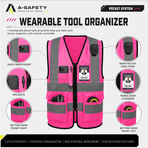 Dope Bright Pink Hi Vis Reflective Safety Vest With Front Zipper And Radio Mic Loop Lightweight Polyester Workgear Built Tough And Ready For The Daily Grind, featuring pockets and ID window.