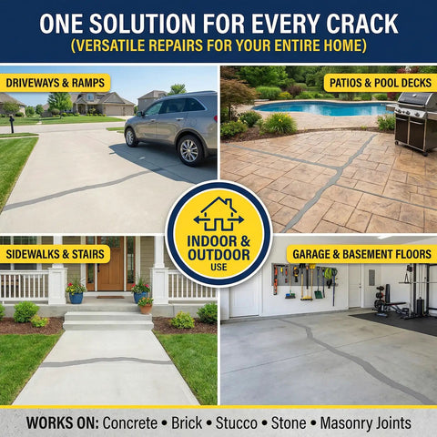 Image showing Dead Set Self Leveling Concrete Crack Filler 4 Pack Liquid Cement Sealant For Driveways And Garage Floors Waterproof Gray Bulk Repair Kit in use on various surfaces including driveways and patios.