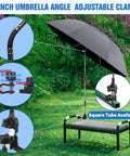 42 Inch Garden Chair Umbrella With Universal Clamp, 360 Degree Swivel Sun Shield attached to a garden bench.