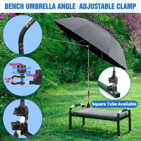 42 Inch Garden Chair Umbrella With Universal Clamp, 360 Degree Swivel Sun Shield attached to a garden bench.