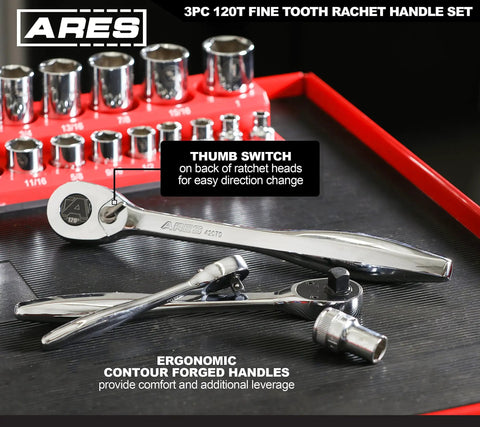 120 Tooth Ratchet Set With 1/4-Inch, 3/8-Inch, And 1/2-Inch Drives, ergonomic handles, reversible mechanism for tight spaces