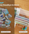 64 Jar Diamond Art Storage Kit With Clear Containers Portable Organizer And Label Sticker Set open to show organized jars next to messy beads.