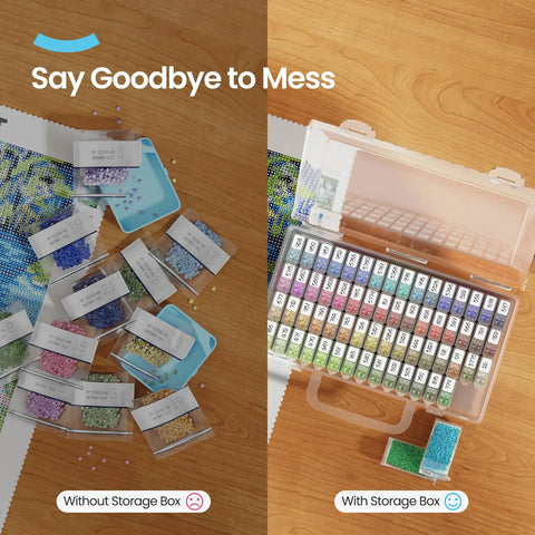64 Jar Diamond Art Storage Kit With Clear Containers Portable Organizer And Label Sticker Set open to show organized jars next to messy beads.