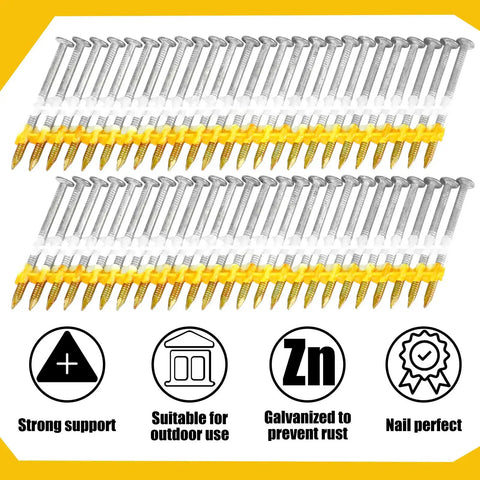 1000 Count 2 Inch Framing Nails With Ring Shank And Flat D Head 21 Degree Galvanized Plastic Collated Strip in a row for construction.