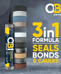 Heavy Duty Black Caulk Sealant And Quick Cure Adhesive Waterproof Multi Surface Bonding Compound with 3 in 1 formula on display.