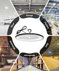 Image of Six Pack 500W UFO LED High Bay Light Fixtures for Warehouse Barn Gym Factory Workshop with various applications shown.