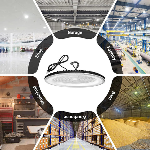 Image of Six Pack 500W UFO LED High Bay Light Fixtures for Warehouse Barn Gym Factory Workshop with various applications shown.