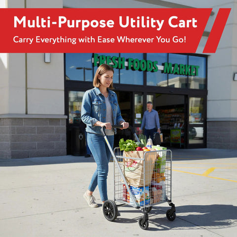 Woman using Foldable Shopping Cart With Wheels And Brake System, Heavy Duty Collapsible Utility Cart for groceries, 100 lb capacity.