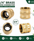 Heavy Duty 3/4 Inch Solid Brass Garden Hose Connector Set With Double Female Ends And Spare Washers For No Hassle Outdoor Irrigation and Serious Yard Work Upgrades, 45 and front views.