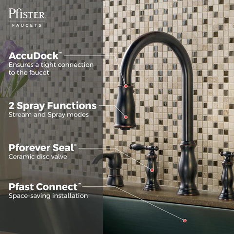 Hanover Kitchen Sink Faucet With Pull Down Sprayer And Soap Dispenser in Tuscan Bronze with Accudock technology, high-arc design.