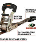 Mossy Oak Camo Ratchet Tie Down Straps One Inch Wide By Ten Feet Long Four Pack with padded release and galvanized steel components.