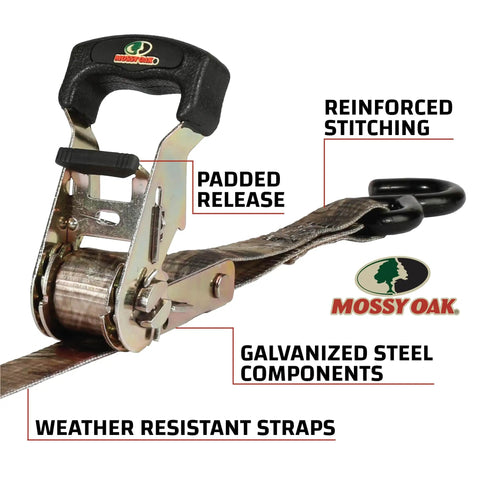 Mossy Oak Camo Ratchet Tie Down Straps One Inch Wide By Ten Feet Long Four Pack with padded release and galvanized steel components.